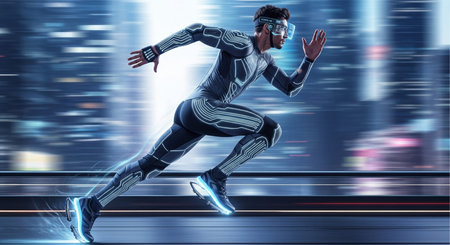 A man in a sleek futuristic suit with glowing blue accents sprints through a vibrant motion blurred...
