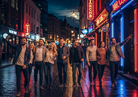 A group of friends walking down a city street at night, illuminated by neon lights and streetlights, creating a vibrant atmosphere.の写真素材