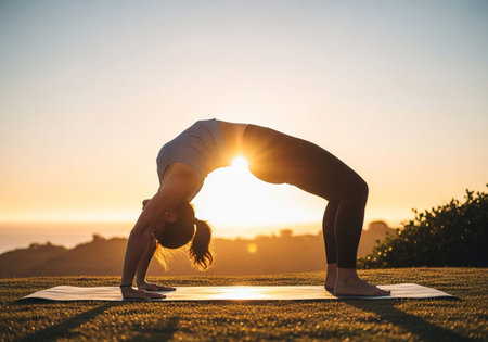 A woman is doing a yoga pose on a mat outdoors with the sun setting in the background. She is in a...