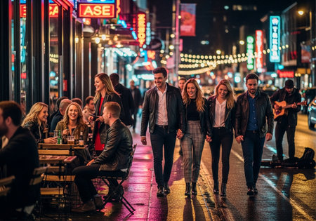 A vibrant night scene in Nashville, Tennessee, with people strolling along Broadway amidst bright lights and live music venues.の写真素材
