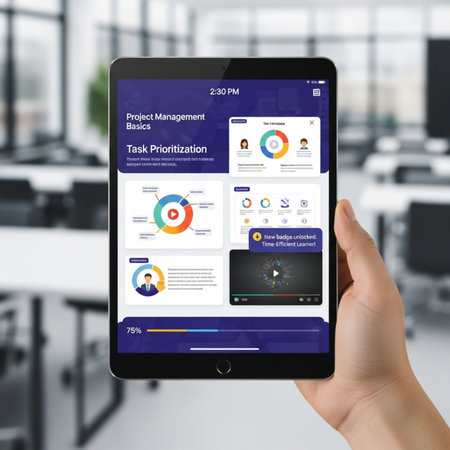 Close up of a person using a tablet to review a project management dashboard. The screen shows task...