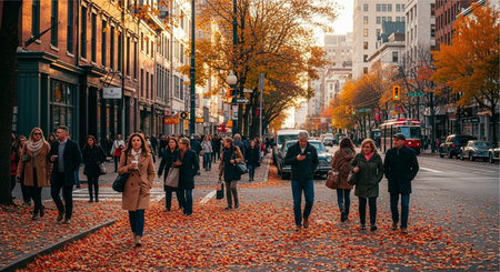 A vibrant autumn scene in a bustling city, with pedestrians strolling along a street adorned with colorful fallen leaves. The warm sunlight illuminates the urban landscape, highlighting the seasonal beauty and daily life.の写真素材