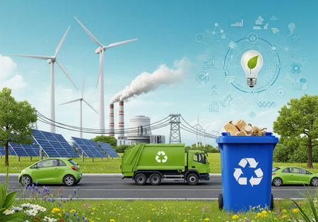 Illustration of a sustainable city with wind turbines solar panels electric cars a recycling truck and bin symbolizing green energy and environmental protection.の写真素材