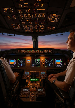 A pilot is flying into the sunset in a modern cockpit, showcasing professional aviation and beautiful scenery.の写真素材