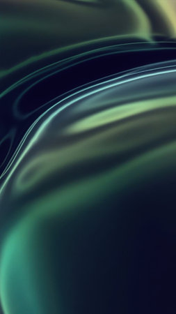 Mesmerizing abstract visual featuring swirling patterns of deep blue and vibrant green liquids illuminated by ethereal light streaks creating a sense of depth and movement.の写真素材