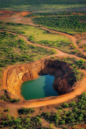 Aerial view of a striking open pit mine holding vibrant turquoise water amidst a rugged arid terrain...