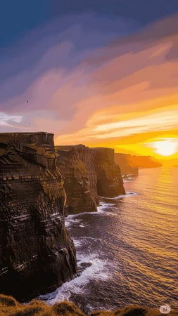 A stunning view of the sun setting over the ocean, illuminating the cliffs with golden light. Waves crash against the rocks, creating a beautiful coastal scene.の写真素材