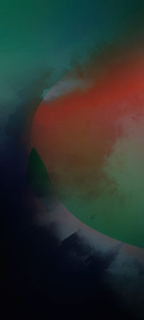 A dynamic abstract composition featuring deep blues, greens, and a striking red element, rendered with sharp geometric forms and smooth color transitions.の写真素材