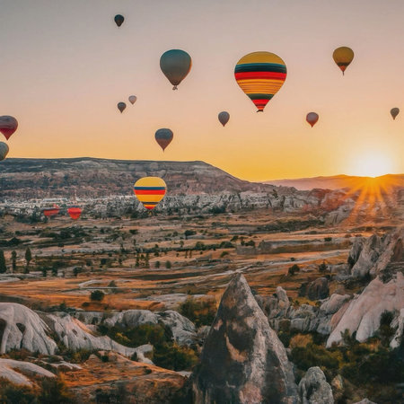 Colorful hot air balloons drift above unique rock formations and valleys during a breathtaking sunrise in Cappadocia Turkeyの写真素材