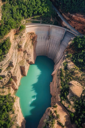 An impressive aerial shot captures a massive concrete arch dam holding back turquoise water in a...