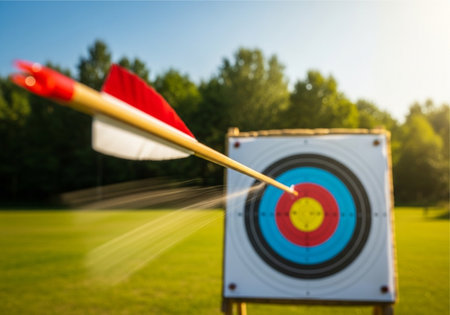 A close-up shot of an archery arrow striking the center bullseye of a target, set in a vibrant green grassy field under a clear blue sky.の写真素材