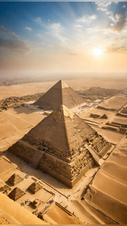 The Great Pyramids of Giza and the Sphinx stand majestically against a vibrant sunset sky, showcasing ancient Egyptian architecture and desert landscape.の写真素材