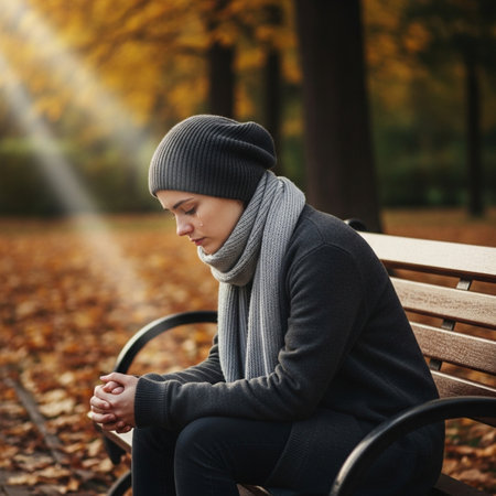 A lonely woman in a beanie and scarf sits on a park bench surrounded by fall leaves, looking down thoughtfully as a ray of light illuminates her in a moment of solitude.の写真素材