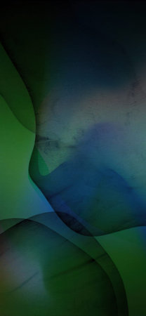 A modern abstract background featuring flowing, translucent layers of deep green and blue. The dark,...
