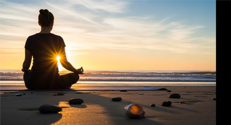 A person meditating on a sandy beach during a beautiful sunset, embodying peace and mindfulness. The...