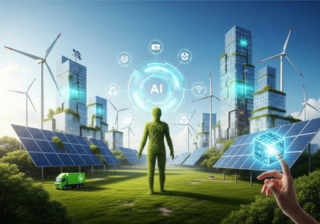 A futuristic cityscape showcasing sustainable energy solutions like solar panels and wind turbines,...