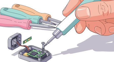 Close-up of a hand using a small screwdriver to fix an open electronic device, revealing its circuit board and components, with other screwdrivers nearby.のイラスト素材