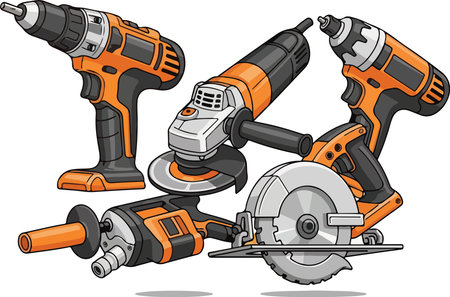 A set of essential power tools including a drill, angle grinder, impact driver, rotary tool, and circular saw, ready for various tasks.のイラスト素材
