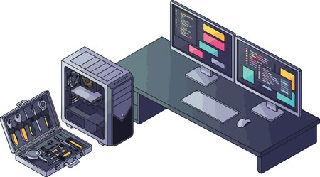 An isometric illustration of a computer setup with a desktop PC, dual monitors on a desk, and a toolkit for repair and maintenance.のイラスト素材
