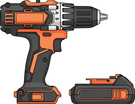 A detailed illustration of a modern cordless drill with an attached battery pack, ready for various DIY projects and professional use.のイラスト素材