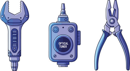 A collection of essential tools including a wrench, an optical tuner, and pliers, used for various technical and industrial applications.のイラスト素材