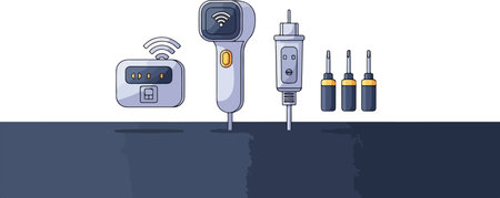 An illustration showcasing various medical devices including a wireless monitor, a handheld scanner, an injector, and three small vials, all essential tools for health monitoring and treatment.のイラスト素材