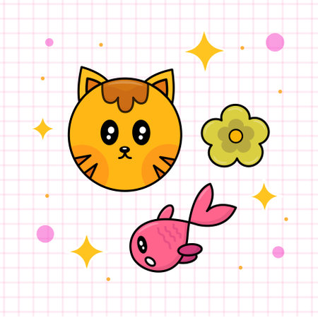 Cute cartoon cat with flower. Hand drawn vector illustration.のイラスト素材