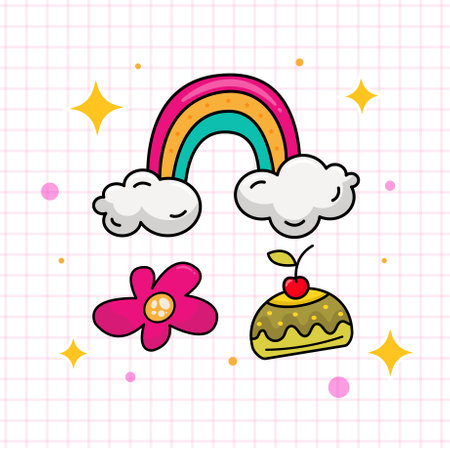 Cute rainbow, cake and flowers. Hand drawn vector illustration.のイラスト素材