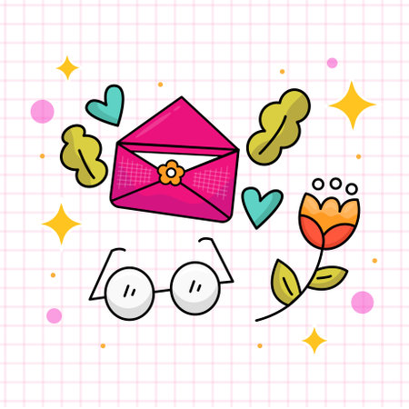 Envelope, glasses, hearts and flowers. Vector illustration.のイラスト素材