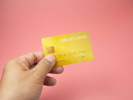 Hand man holding credit card mockup.の写真素材