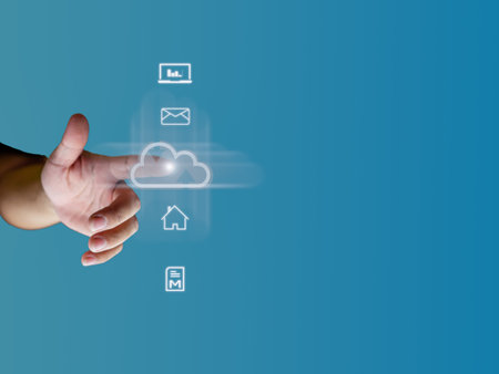 human finger pointing at the cloud show global data transfer with cloud computing, global internet,...