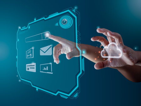 Finger pointing at the hologram screen Represents search, communication, storage with cloud...