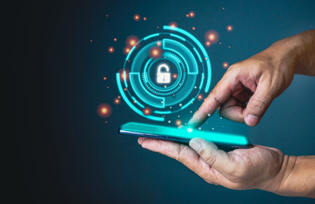 People's fingers are pressing on the phone screen. Represents protection against external hacks,...