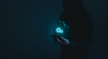 Hackers spy on cell phone. Concept of information security system in internet network and...