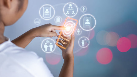 woman pointing at dart board icon Represents the goal setting for business, concept of startup,...