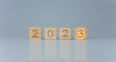 Wooden blocks lined up with the letters 2023. Represents the goal setting for 2023, the concept of a...