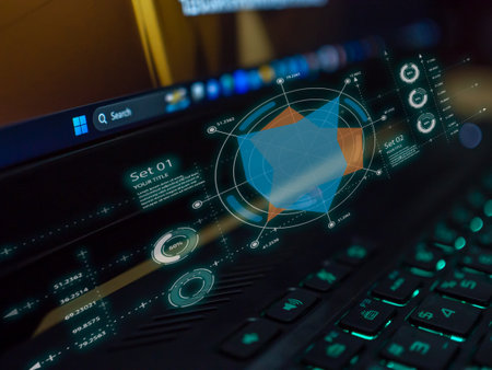 Close-up shot of a computer with icons Glowing business chart. Concept of business, finance, investment.の写真素材