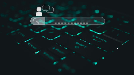 Keyboard and icons for searching. Represents the concept of searching for information from computer...