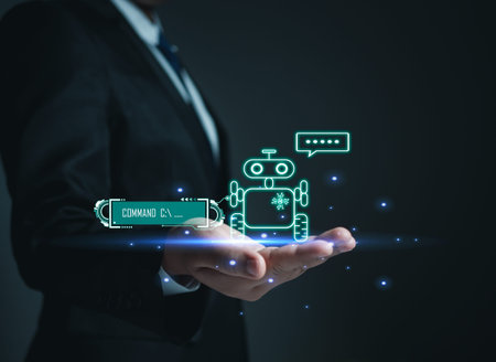 Businessman hand holding an AI model. Show chat with ai system. Concept of network communication....