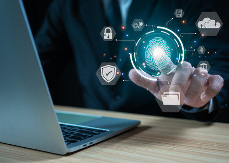 Fingerprint scanning, biometric authentication, cybersecurity and fingerprint password, future technology and cybernetic. technology against digital cyber crime.の写真素材
