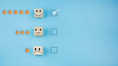 Customer Satisfaction Survey concept, service experience rating online application, customer evaluation product service quality, satisfaction feedback review, very good quality most.の写真素材