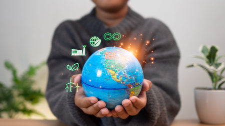 Human hand and model earth icon.Representing helping to save the environment.save world concept.