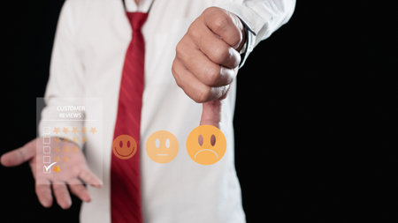 concept customer dissatisfaction experience. The businessman rated one star for the service provided. Poor reviews, poor service, dislikes, poor quality, low ratings, bad social media.の写真素材