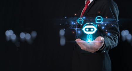 Businessman holding hologram digital chatbot, robot application, conversation assistant, AI...