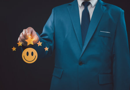 Customer Satisfaction Survey concept, service experience rating online application, customer evaluation product service quality, satisfaction feedback review, very good quality most.の写真素材