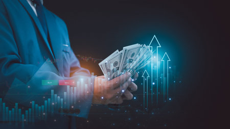 investment and finance concept, businessman holding money, stock market, profits and business growth