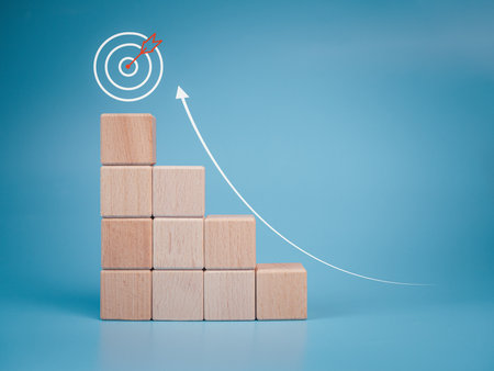 Wood cube block stacking with icon.Concept of business strategy and goal action plan.の写真素材