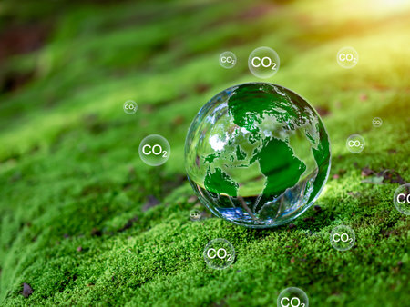 Crystal ball on moss in green forest. CO2 emission reduction concept, clean and friendly environment without carbon dioxide emissions. Planting trees to reduce CO2 emissions, environmental protection concept.の写真素材