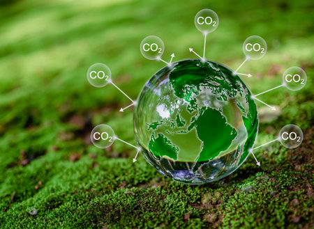 Crystal ball on moss in green forest. CO2 emission reduction concept, clean and friendly environment without carbon dioxide emissions. Planting trees to reduce CO2 emissions, environmental protection concept.の写真素材
