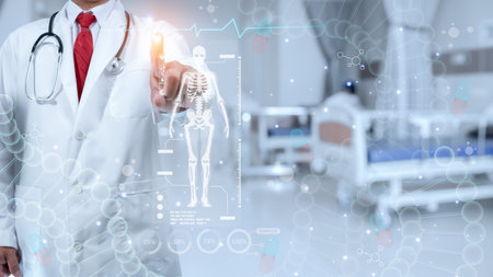 Doctor is using finger of touching screen for medical diagnostic analysis on modern virtual screen network connection. Medical technology concept.の写真素材